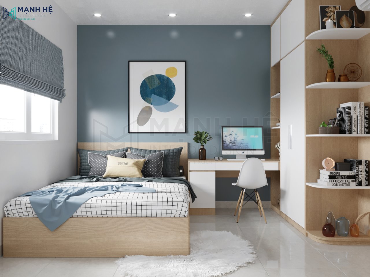 Thiết kế phòng ngủ màu xanh cổ vịt