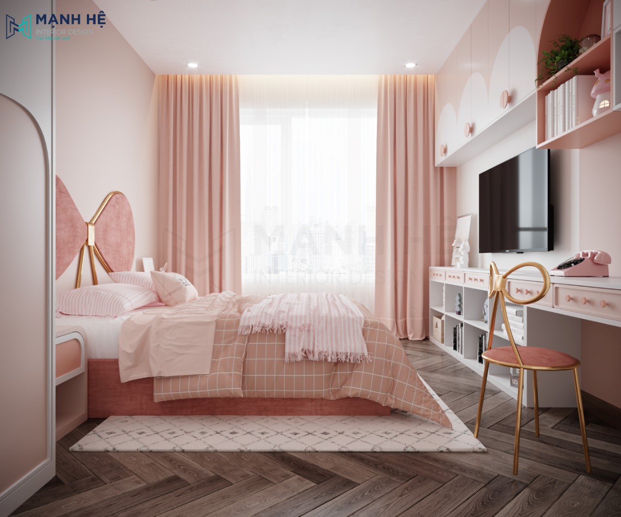 Thiết kế phòng ngủ màu hồng cho bé gái phong cách tân cổ điển