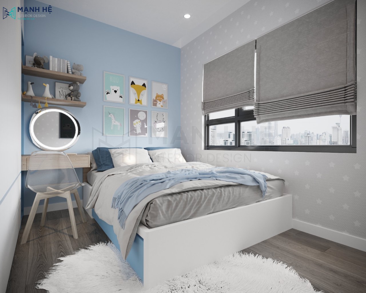 Thiết kế nội thất phòng ngủ cho bé với gam màu xanh nhã nhặn