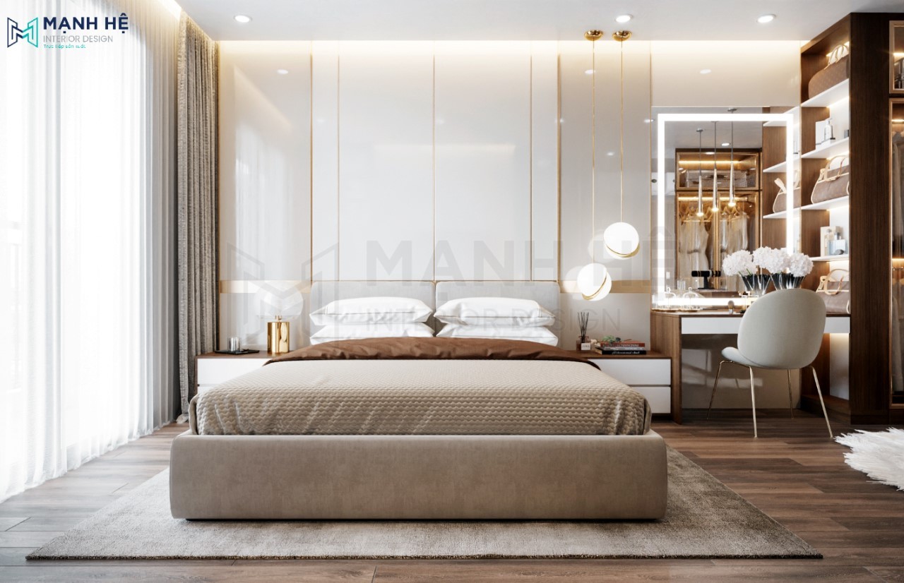 Thiết kế phòng ngủ sang trọng với vách ốp gỗ acrylic bóng gương