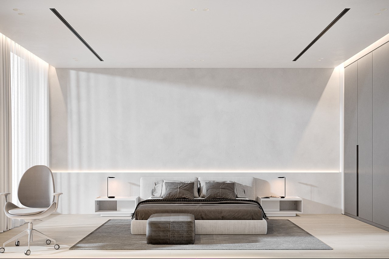 Không gian phòng ngủ scandinavian có diện tích rộng lớn với gam màu trắng chủ đạo