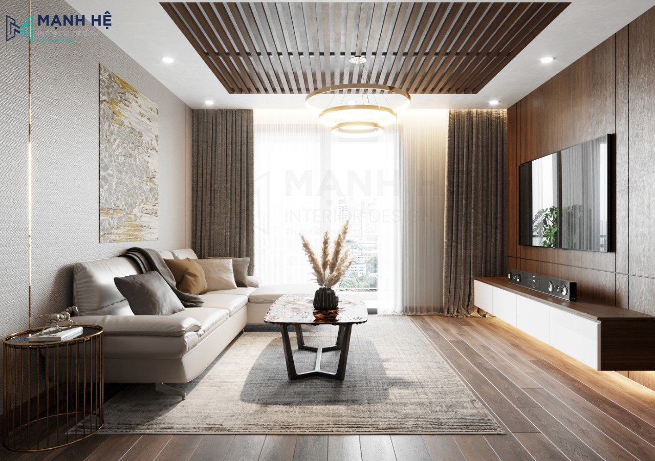 Tổng quan không gian phòng khách chung cư đẹp với gỗ công nghiệp