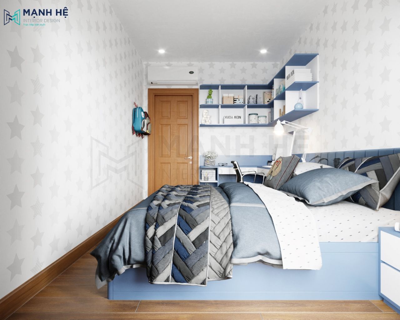 Giường ngủ gỗ công nghiệp màu xanh bền, đẹp
