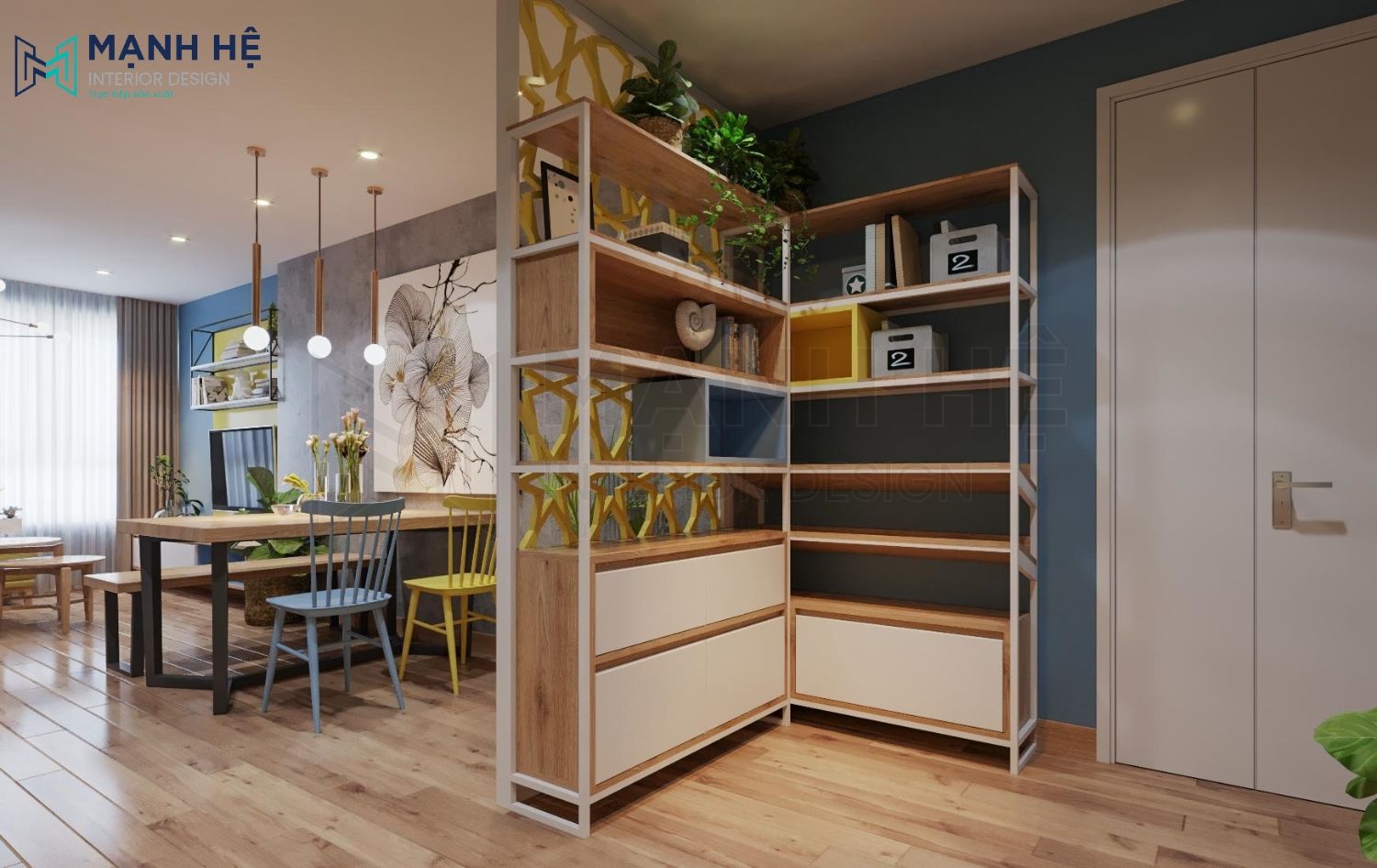 Sử dụng vách ngăn kệ  trang trí để tạo không gian riêng giữa phòng bếp với phòng khách và phòng ăn