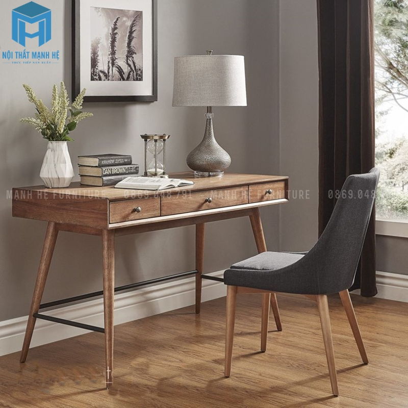 bàn làm việc gỗ tự nhiên chân chéo, đơn giản