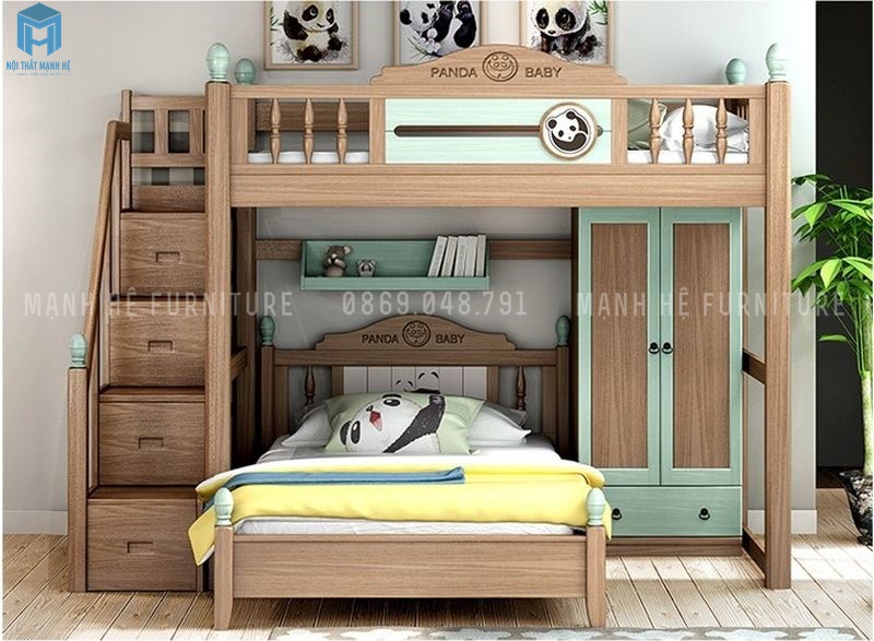 Mẫu giường tầng gỗ công nghiệp tích hợp ngăn kéo, tủ đựng quần áo