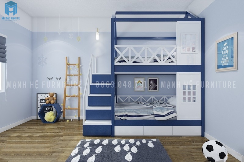 Giường tầng màu xanh pha trắng vách ngăn