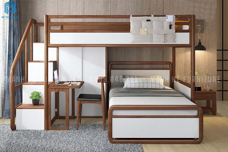 Giường tầng gỗ công nghiệp khung gỗ tự nhiên tích hợp ngăn chứa tủ quần áo và bàn học