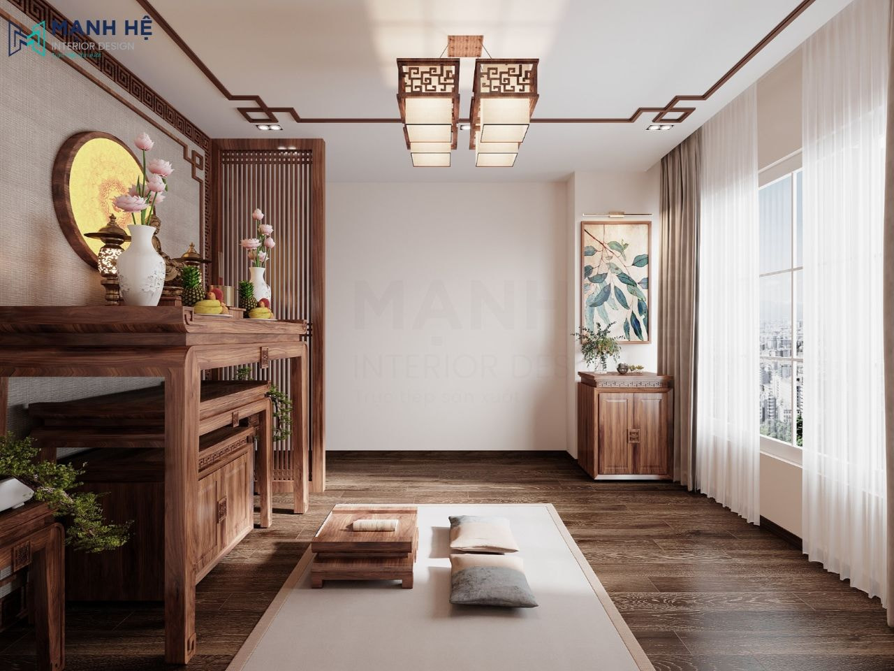Không gian phòng thờ trang nghiêm được sử dụng chất liệu gỗ Óc Chó cao cấp