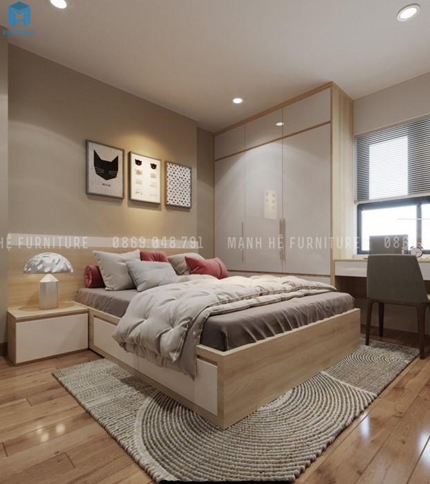 giường ngủ gỗ công nghiệp có ngăn kéo và tủ đầu giường