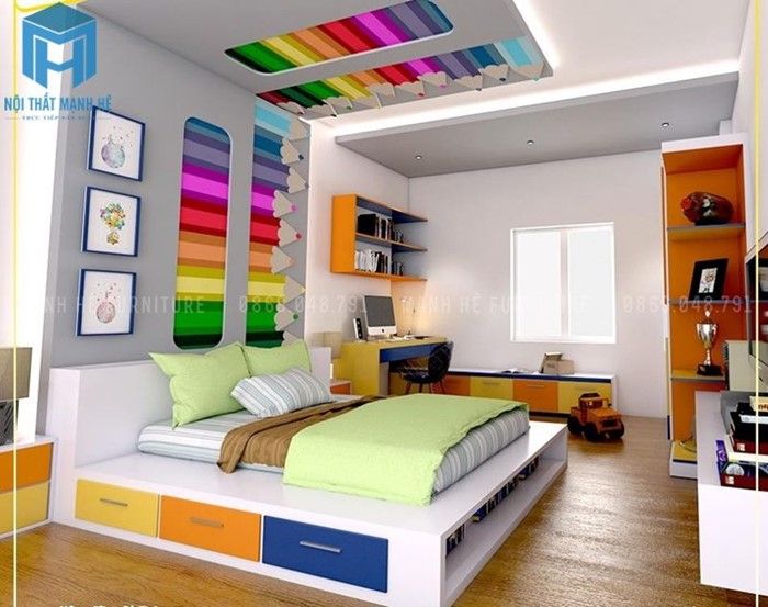 Phòng ngủ cho bé trai tường dán decal bút màu