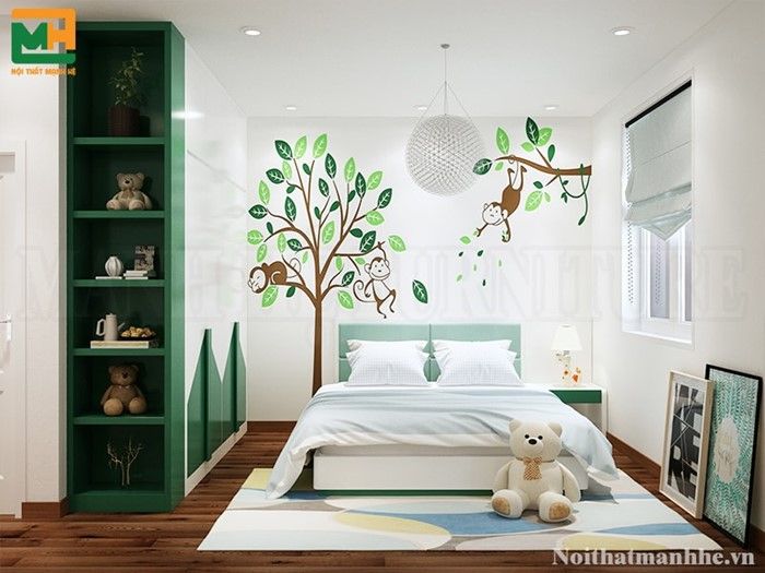 Phòng ngủ cho bé trai sơn màu xanh lá cho nội thất