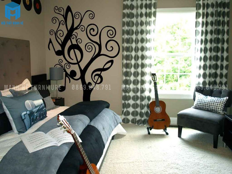 Phòng ngủ sử dụng nốt nhạc, đàn guitar trang trí phòng ngủ bé trai