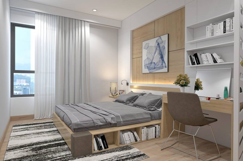 Phòng ngủ tối giản với chiếc giường tích hợp kệ trưng bày, ngăn kéo ở phía sau giúp tận dụng không gian, mang đến vẻ đẹp độc đáo