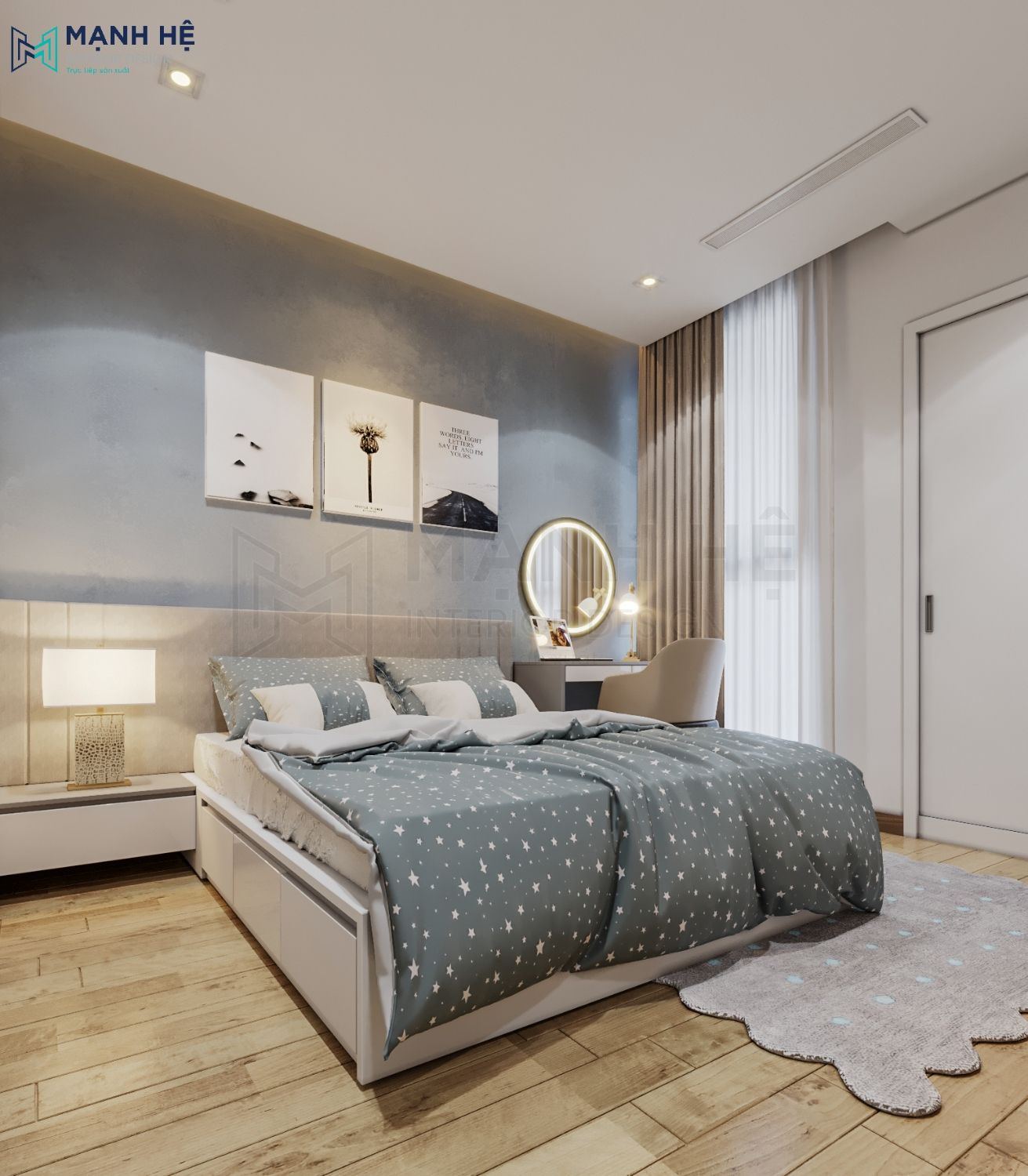 Giường hộp gỗ công nghiệp có ngăn kéo được sơn trắng phối với màu nâu của sàn gỗ và vách tường mang đến không gian ấm áp, lãng mạn cho phòng ngủ