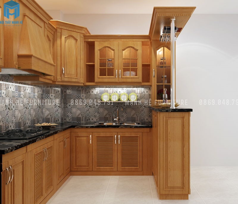 tủ bếp với đá ốp vân mây màu đen