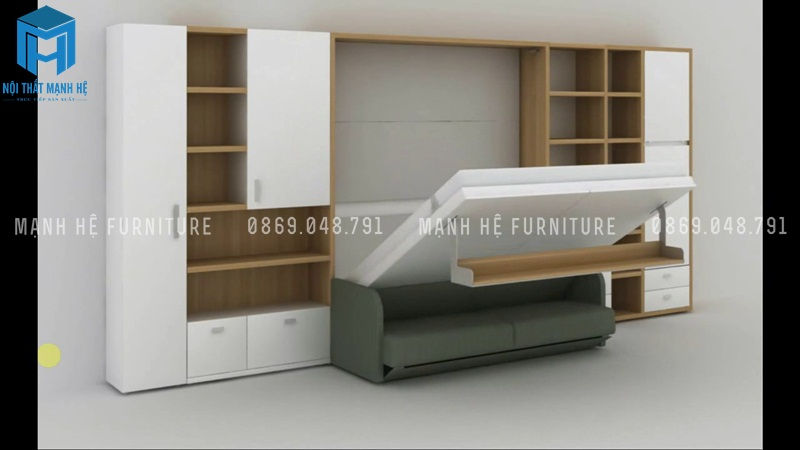Giường thông minh tích hợp bộ ghế sofa, tủ đứng
