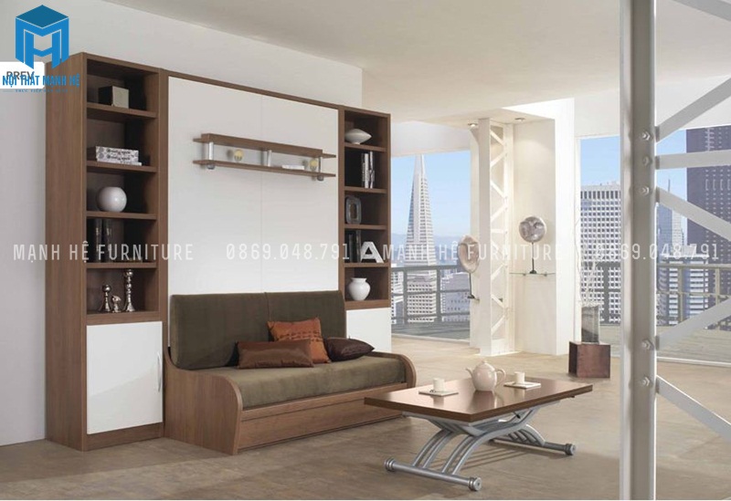 giường ngủ thông minh kết hợp kệ sách, ghế sofa