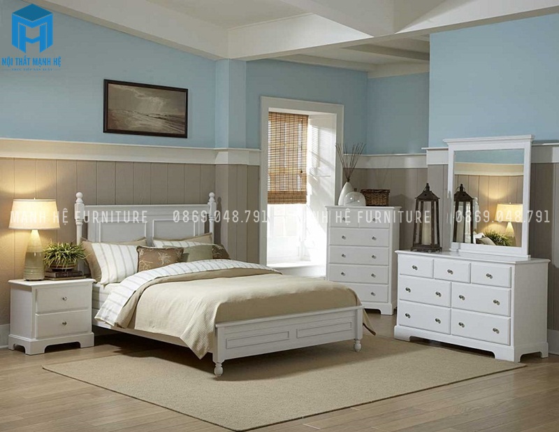 Giường trắng gỗ công nghiệp có tủ đầu giường