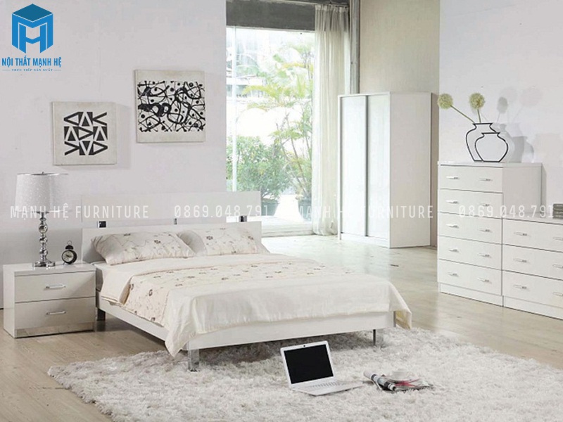 Giường gỗ công nghiệp màu trắng đơn giản