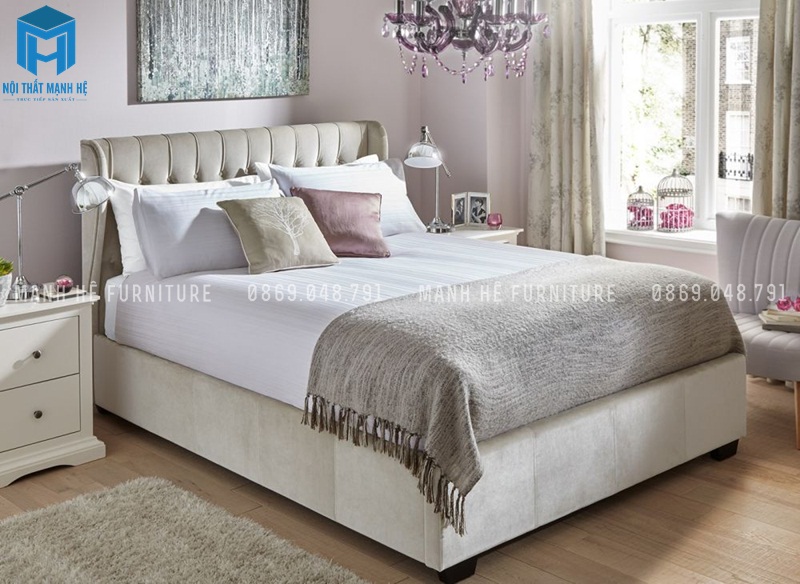Giường ngủ àu trắng gỗ công nghiệp phong cách tân cổ điển