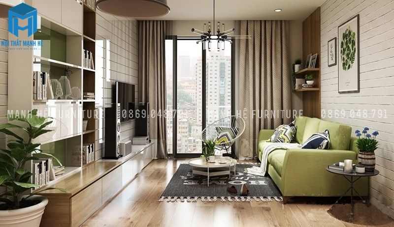 Sử dụng những vật dụng như xốp ốp tường, khung tranh, kệ gỗ treo,... để trang trí tường phòng khách một cách hài hòa, đẹp mắt