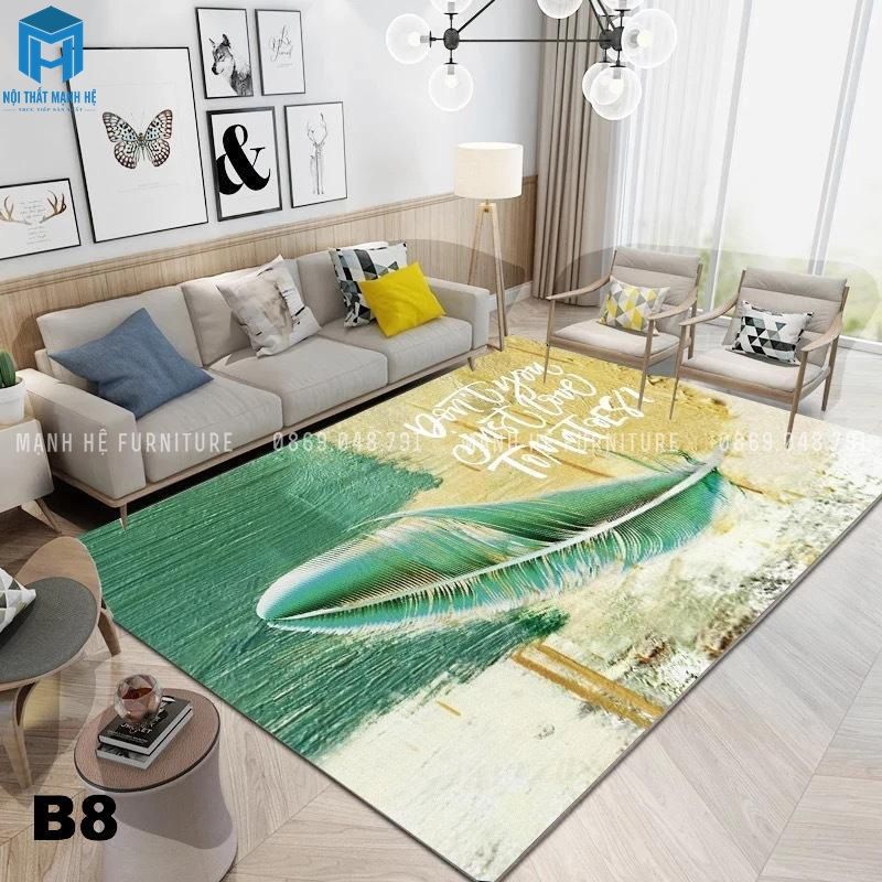 Thảm trải có họa tiết hình lá chuối và khung cảnh quê hương đẹp mắt; cách đặt thảm sát mép