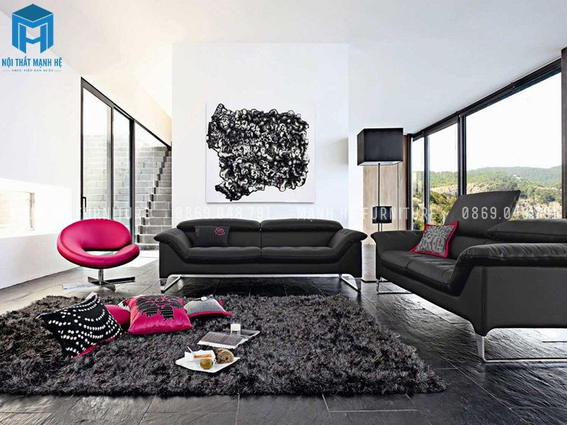 Thảm lông xù màu đen độc đáo đồng bộ với màu nội thất phòng khách