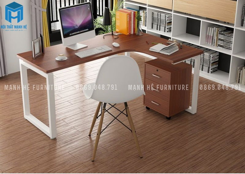 Bàn làm việc chữ L khung chân sắt đơn giản