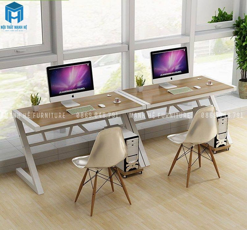 Bàn làm việc ván gỗ công nghiệp thiết kế đơn giản dành cho 2 người sử dụng