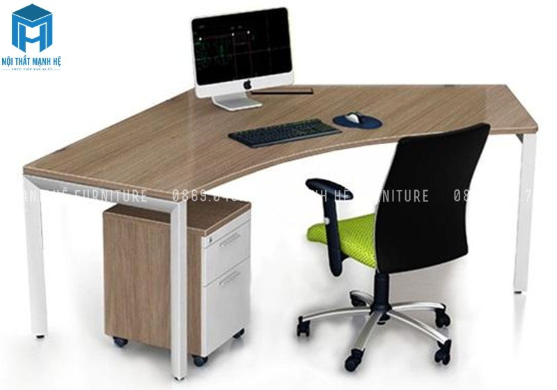 bàn làm việc gỗ công nghiệp đơn giản, thiết kế hình dáng khác biệt, có tủ dưới bàn