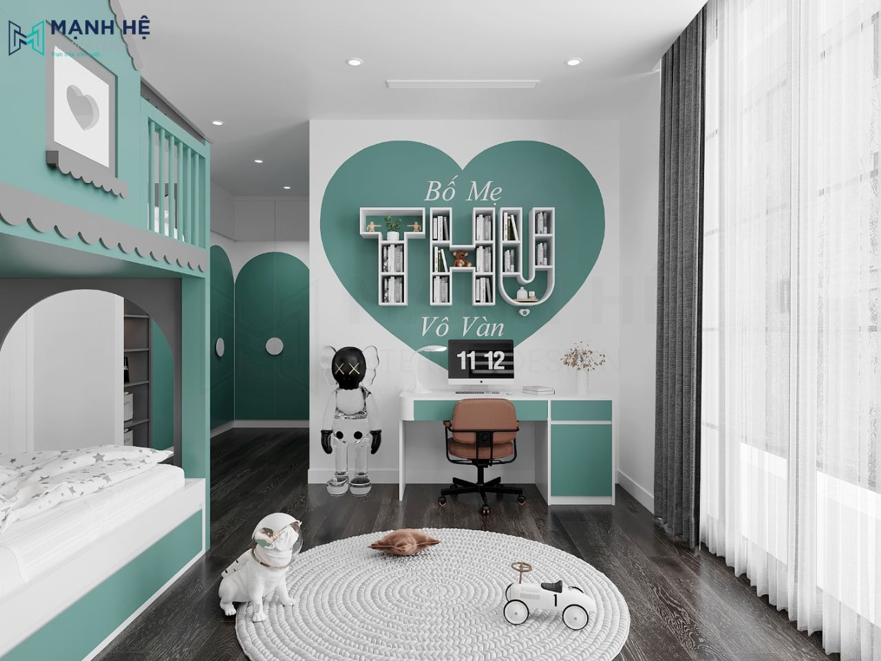 Khắc chữ bằng kệ sách treo tường ấn tượng cho bé