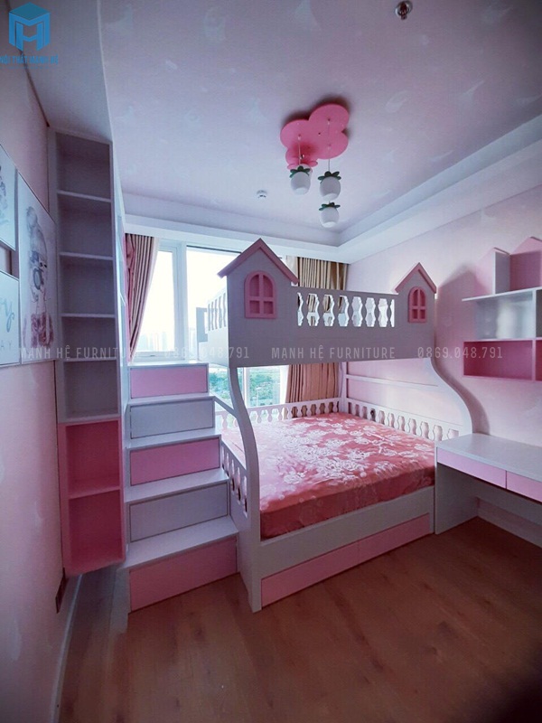 Bộ giường 2 tầng màu hồng vững chắc, ấn tượng