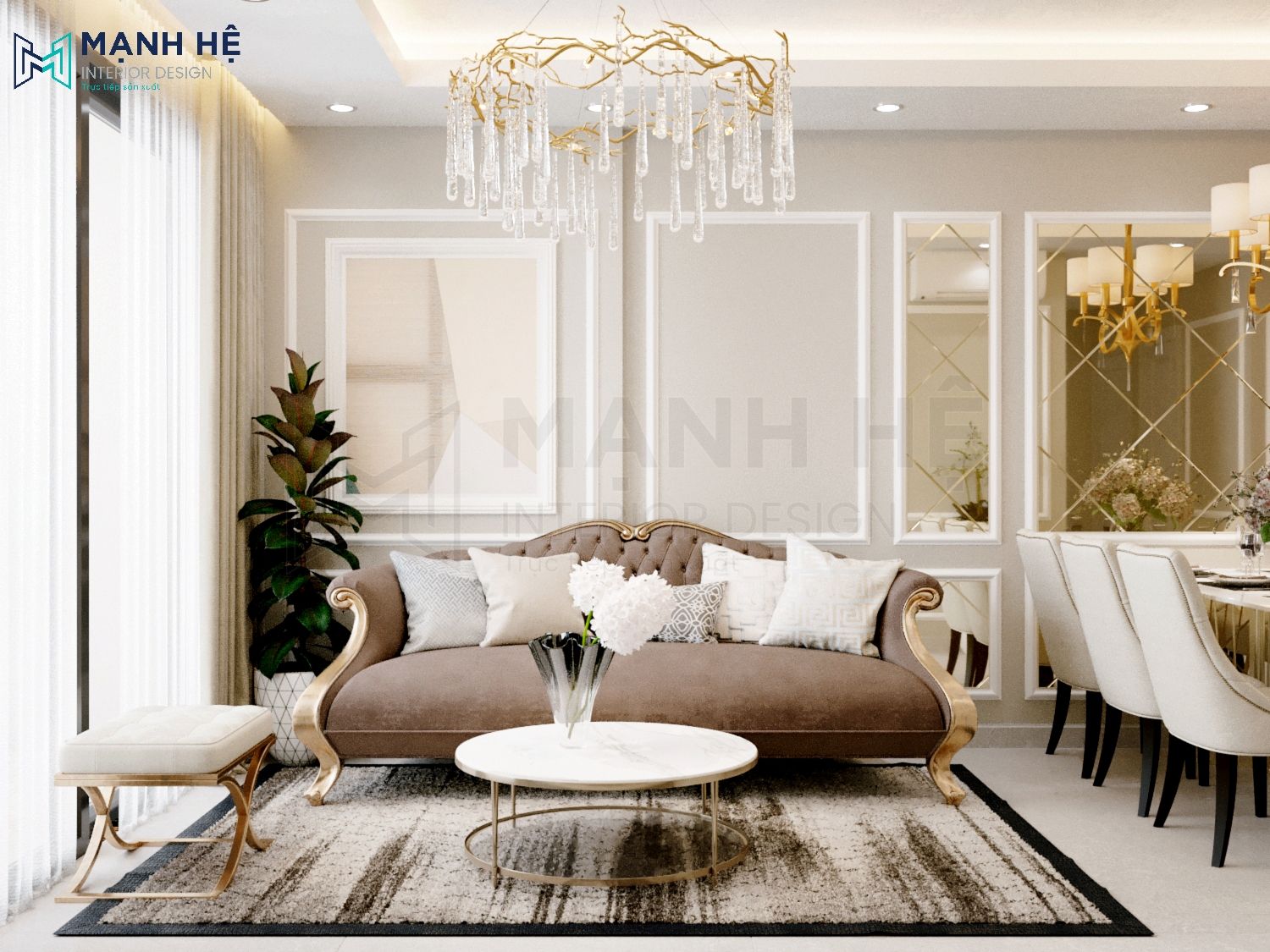 Thiết kế nội thất phòng khách chung cư tân cổ điển với tông màu nude nhẹ nhàng tinh tế 