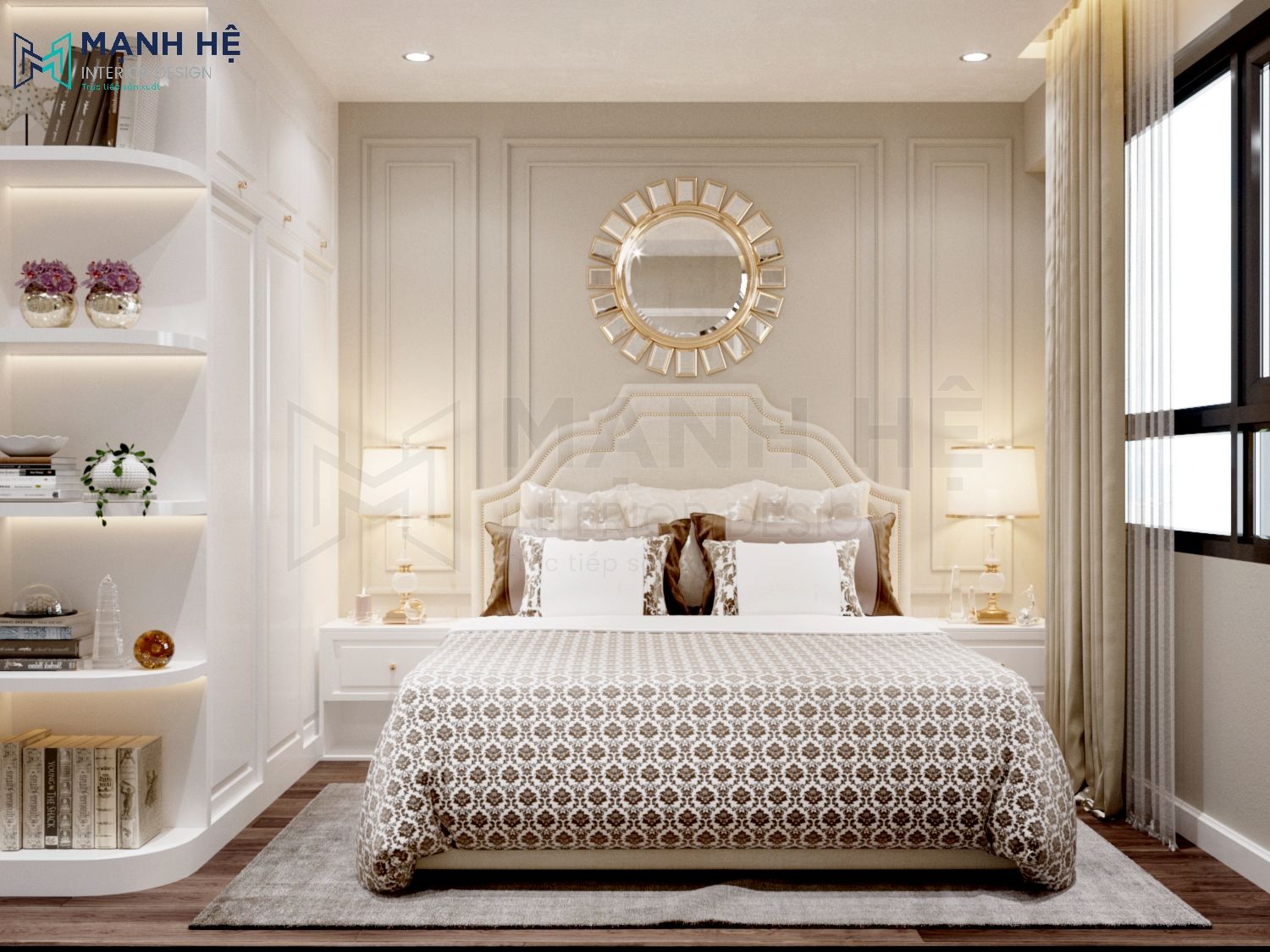 Phòng ngủ được bố trí giường ngủ lớn màu trắng bằng gỗ tự nhiên