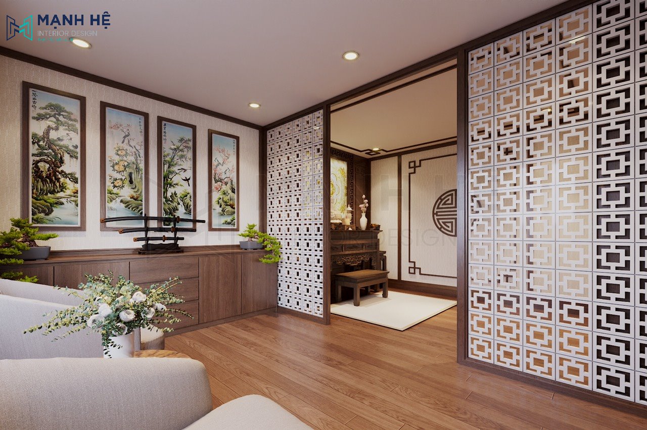Phòng thờ được bố trí riêng phía sau hệ vách CNC họa tiết, tạo sự kín đáo và đồng bộ với nội thất phòng khách