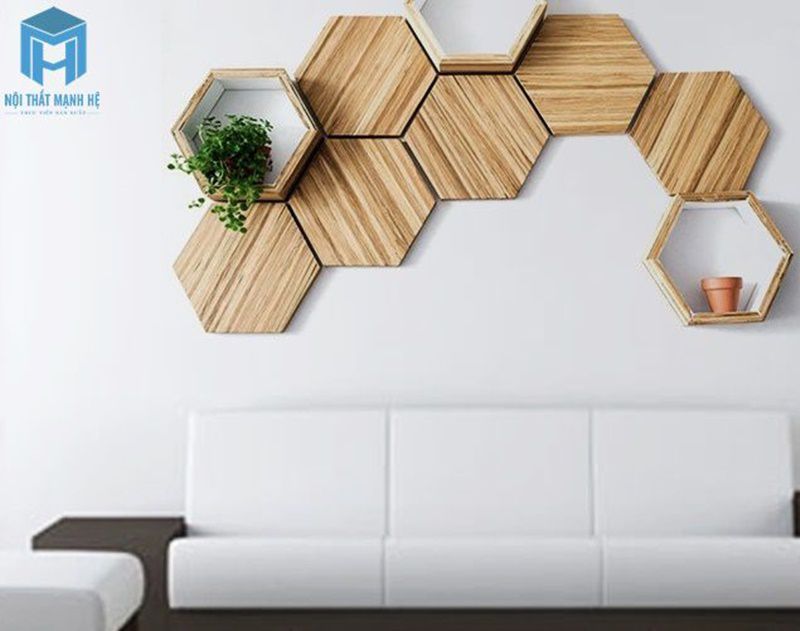 Kệ treo tường trang trí phòng khách hinh tổ ong bằng gỗ tự nhiên