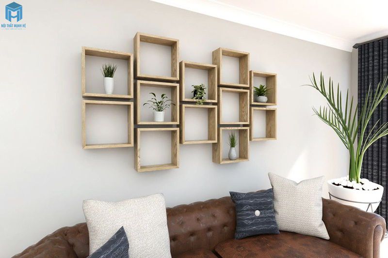 Kệ gỗ tự nhiên treo tường trang trí phòng khách đẹp