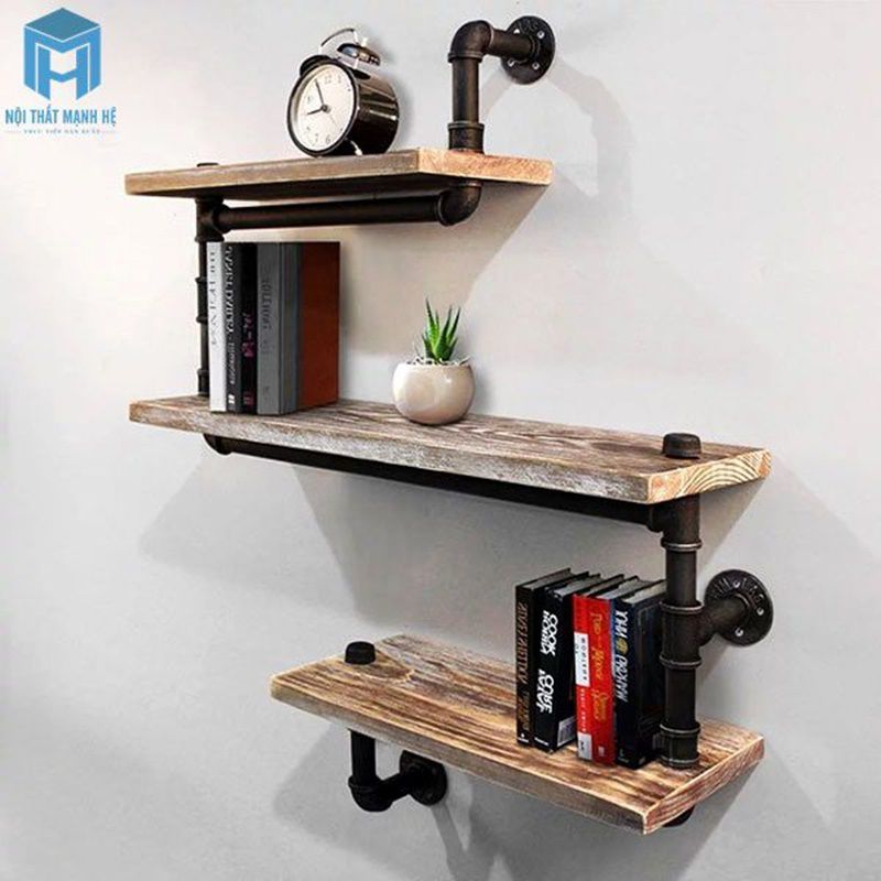 Kệ sách gỗ tự nhiên có giá đỡ kim loại ống nước độc lạ