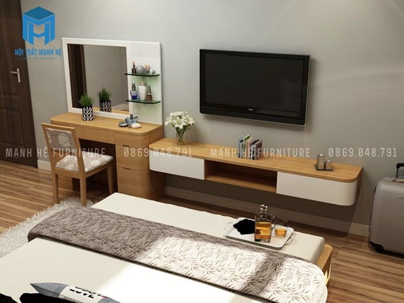 Kệ ti vi treo tường phòng ngủ bằng gỗ
