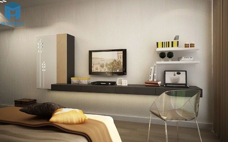 Thiết kế kệ tivi treo tường kết hợp bàn học