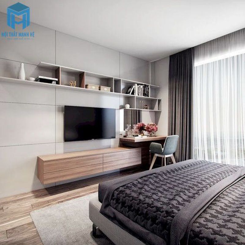 Kệ tivi treo tường phòng ngủ kết hợp bàn trang điểm
