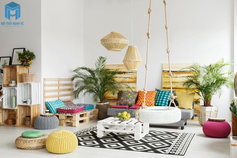 Trang trí phòng khách Boho trẻ trung