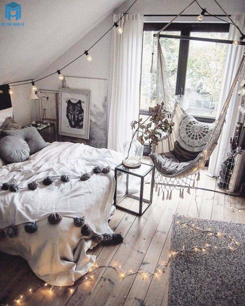 Phòng ngủ Boho có võng macrame