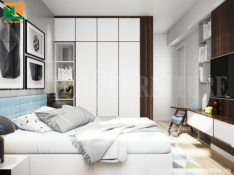 Tủ quần áo 3 cánh có ray trượt, thiết kế âm tường, cao đụng trần, tận dụng góc bên trong làm kệ trưng bày rất tiện lợi