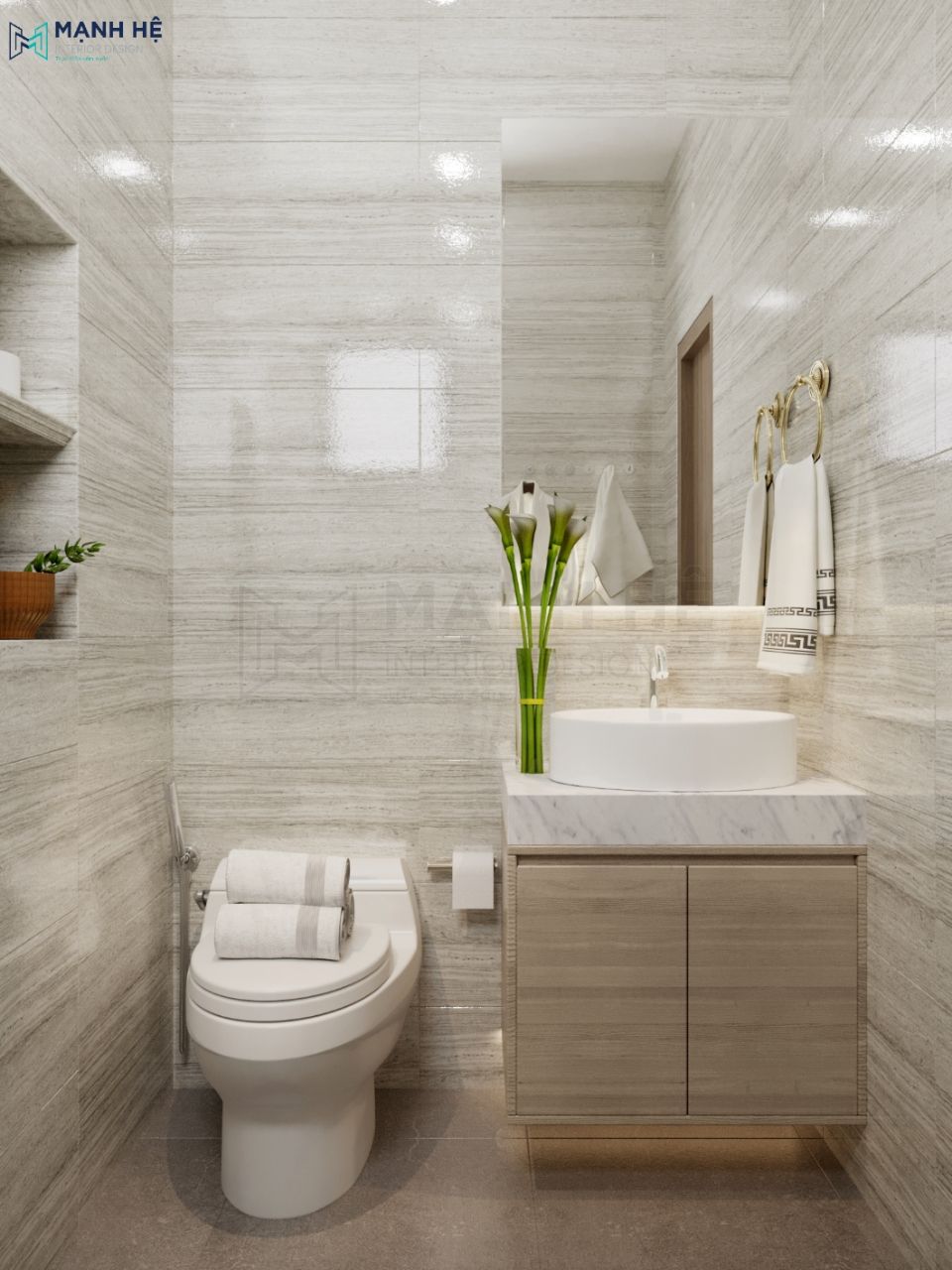 Nội thất nhà vệ sinh sang trọng với tông màu ấm áp