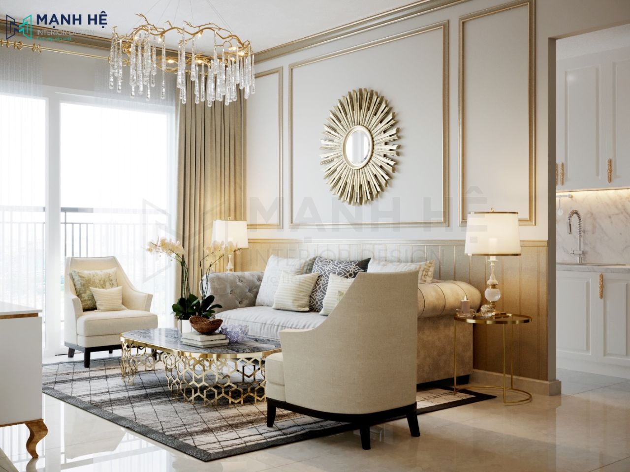 Thiết kế phòng khách theo phong cách tân cổ điển với những đường nét uốn lượn độc đáo