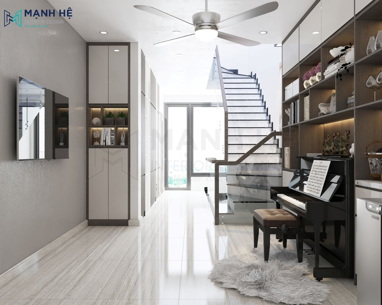 Hệ tủ lớn tại sảnh tầng 1 nhà phố