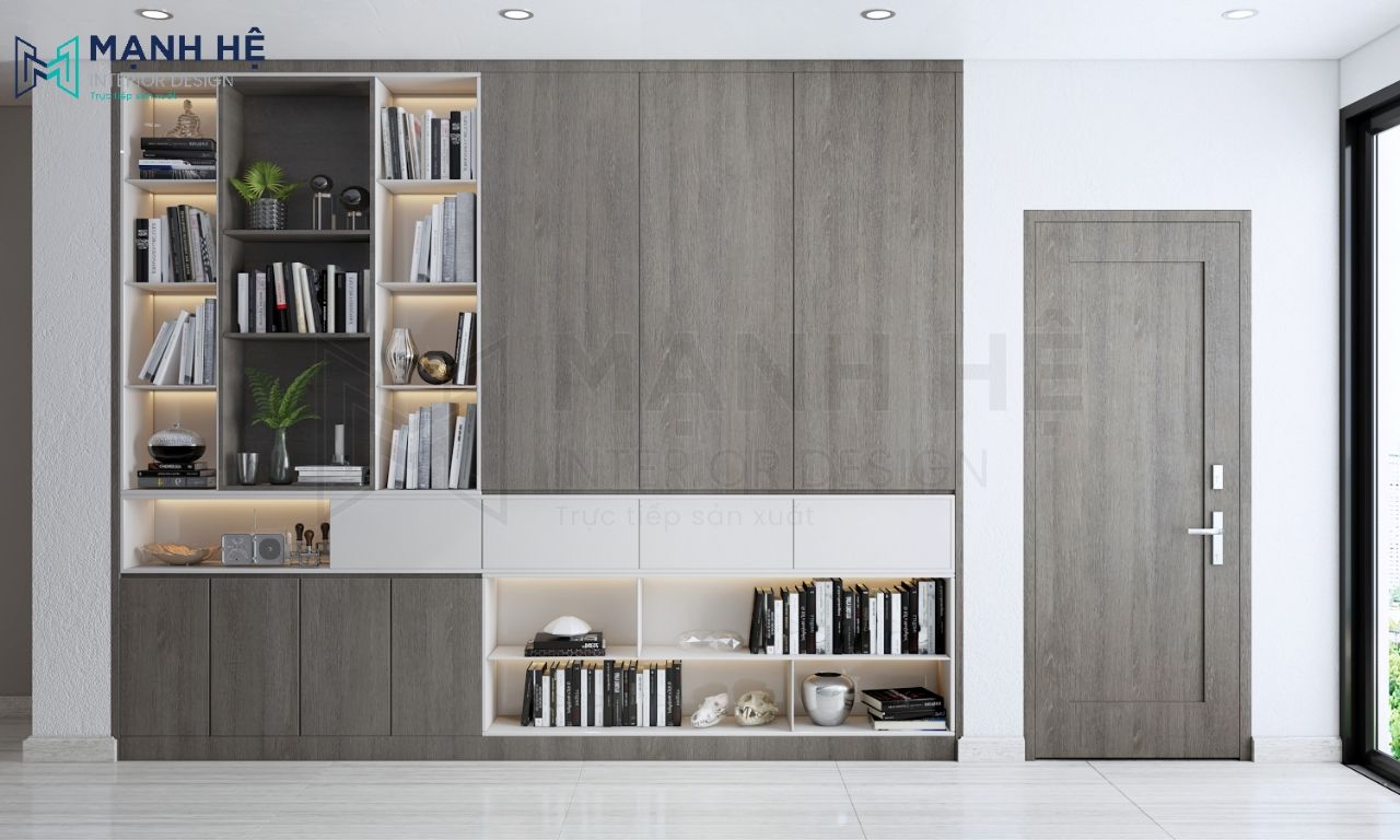 Kệ tủ trang trí âm tường lớn tại sảnh lầu 2