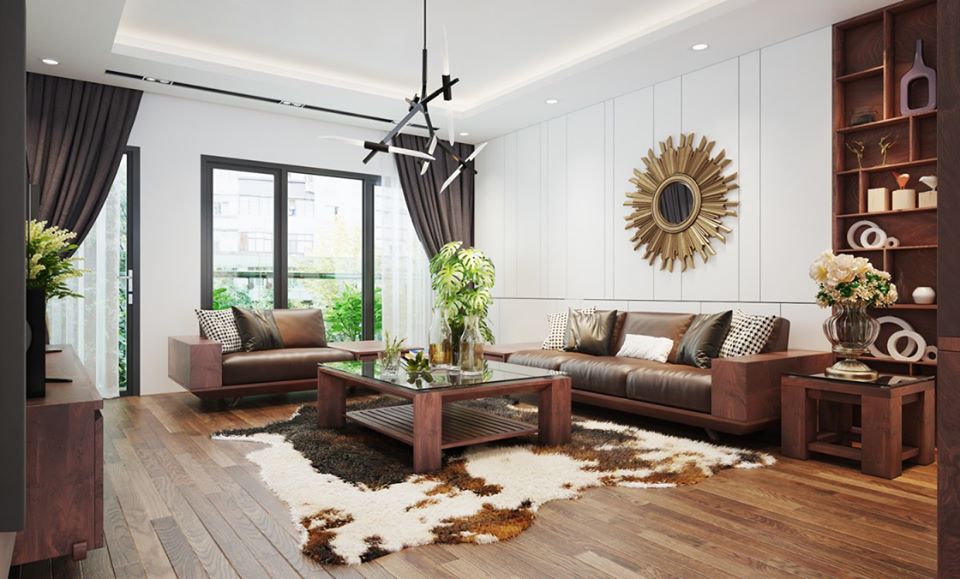Phòng khách lót sàn gỗ màu nâu trầm sang trọng và hiện đại